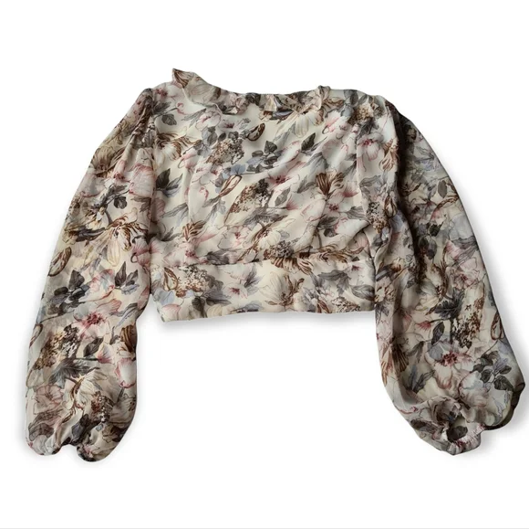 Ally Size 12 Womens V-Neck Cream Grey Sheer Puff Long Sleeves Floral Cropped Top - Picture 3 of 11